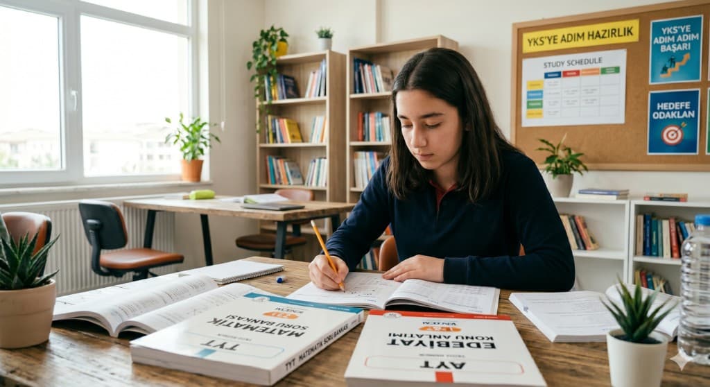 Tek başına ders çalışan YKS öğrencisi kız